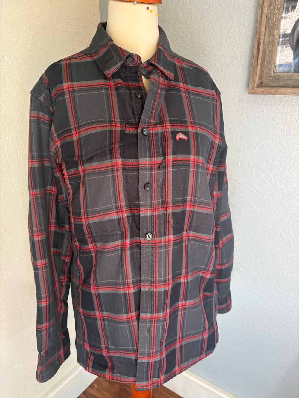 Simms ColdWeather Flannel Shirt Mens Small S Red Black Plaid Waffle Fleece Lined